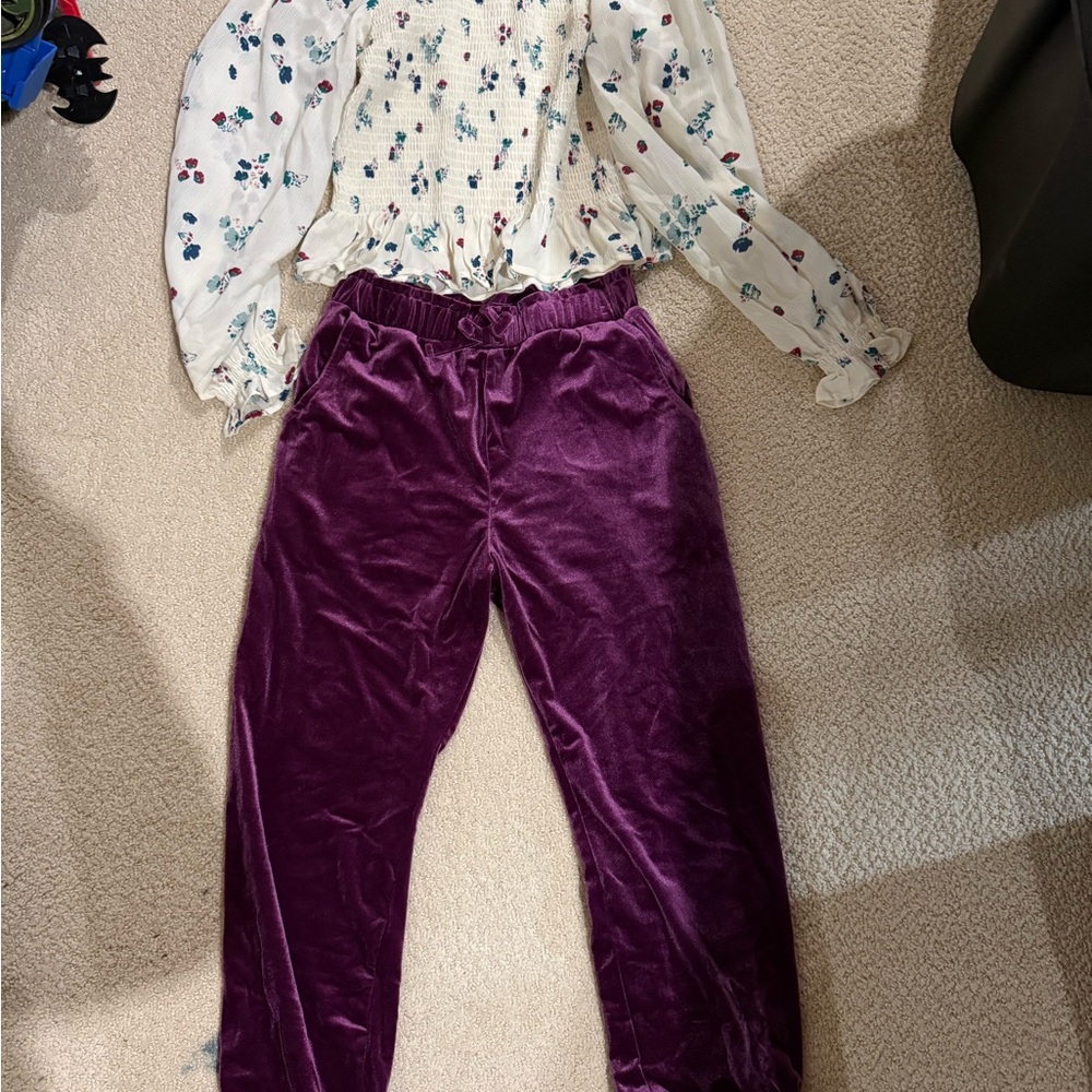 Floral Top and Purple Velvet Pants Kids Matching Set